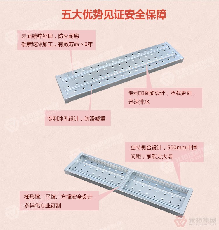 元拓 廠家批發(fā)優(yōu)質(zhì)鋼跳板現(xiàn)貨供應(yīng)  五大優(yōu)勢見證安全保障，表面鍍鋅處理，防火耐腐，碳素鋼冷加工，壽命大于6年，加強筋設(shè)計，專業(yè)沖孔，防滑設(shè)計，