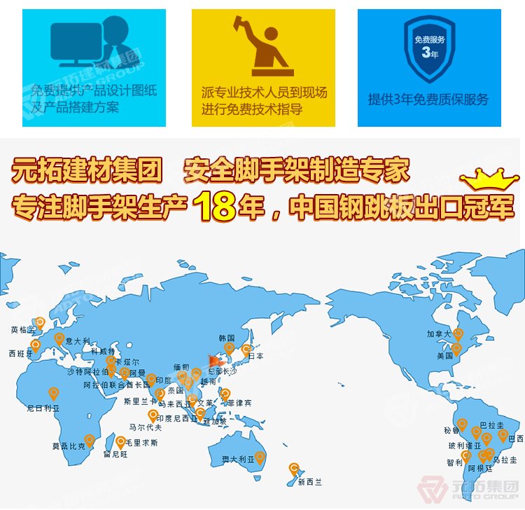 元拓建材集團(tuán)，安全腳手架制造專家！專注腳手架生產(chǎn)18年，中國鋼跳板出口冠軍！